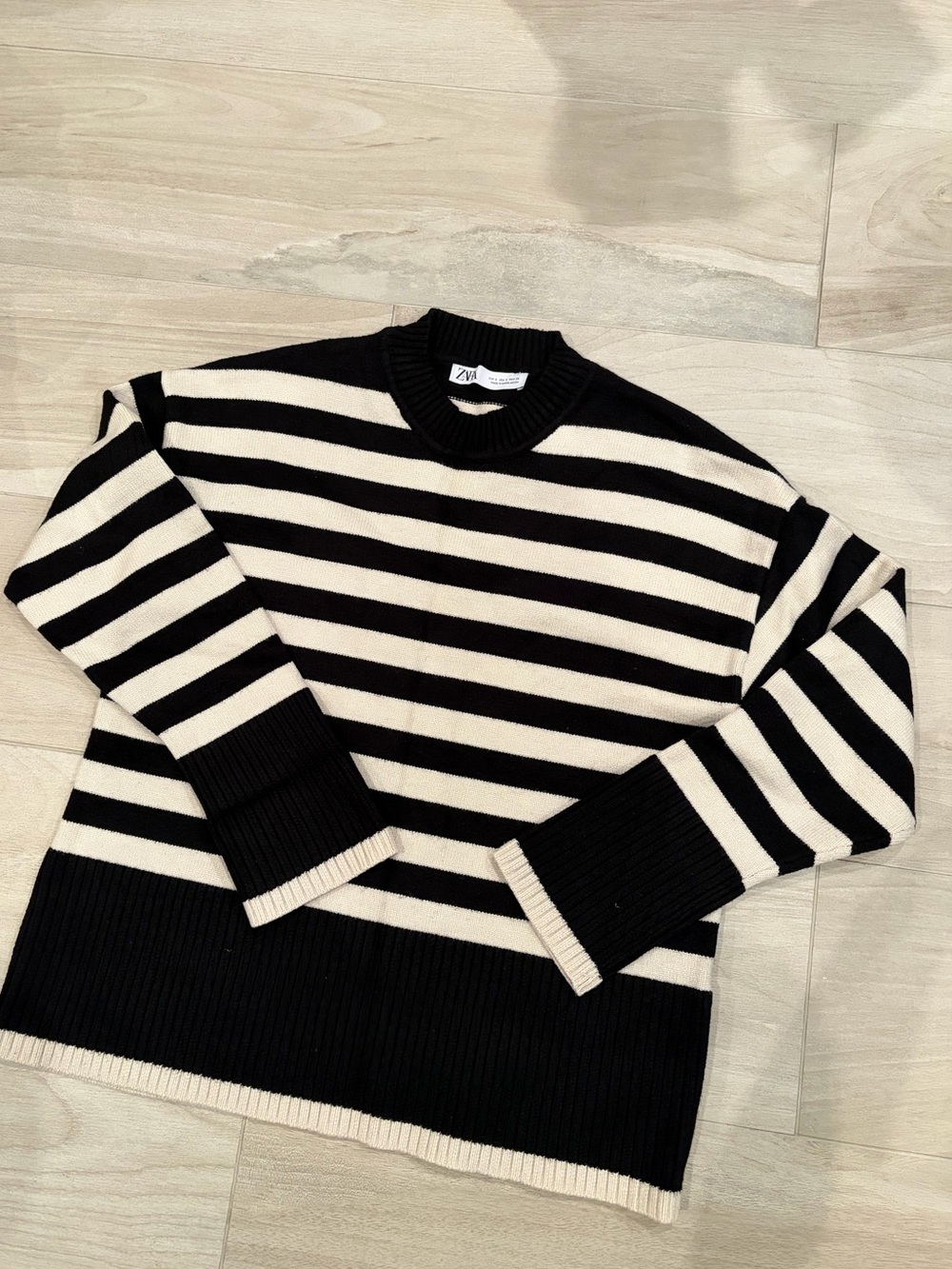 Zara Black & Cream Striped Crewneck Sweater